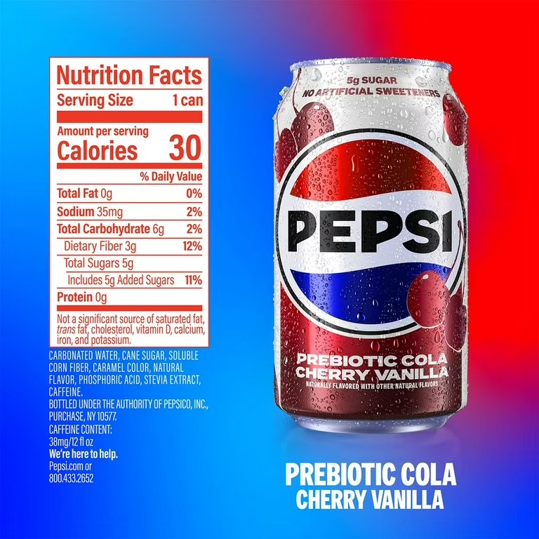 Tabela nutricional da Pepsi Prebiotic Cola Cherry Vanilla